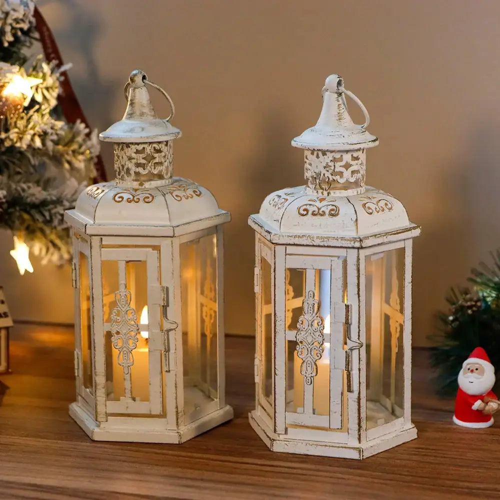 Hanging lanterns set of 2, white distressed metal, 10 inch vintage-style decorative candle lanterns by JHY DESIGN