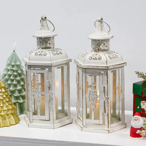 JHY DESIGN 10 inch Vintage Style Hanging Lanterns, white distressed metal decorative candle lanterns, set of 2