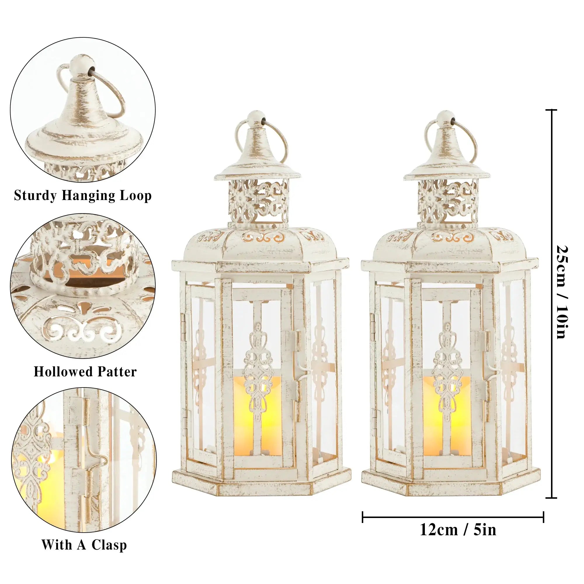 Decorative candle lanterns, set of 2, 10-inch vintage hanging lanterns in distressed white with ornate hollowed pattern