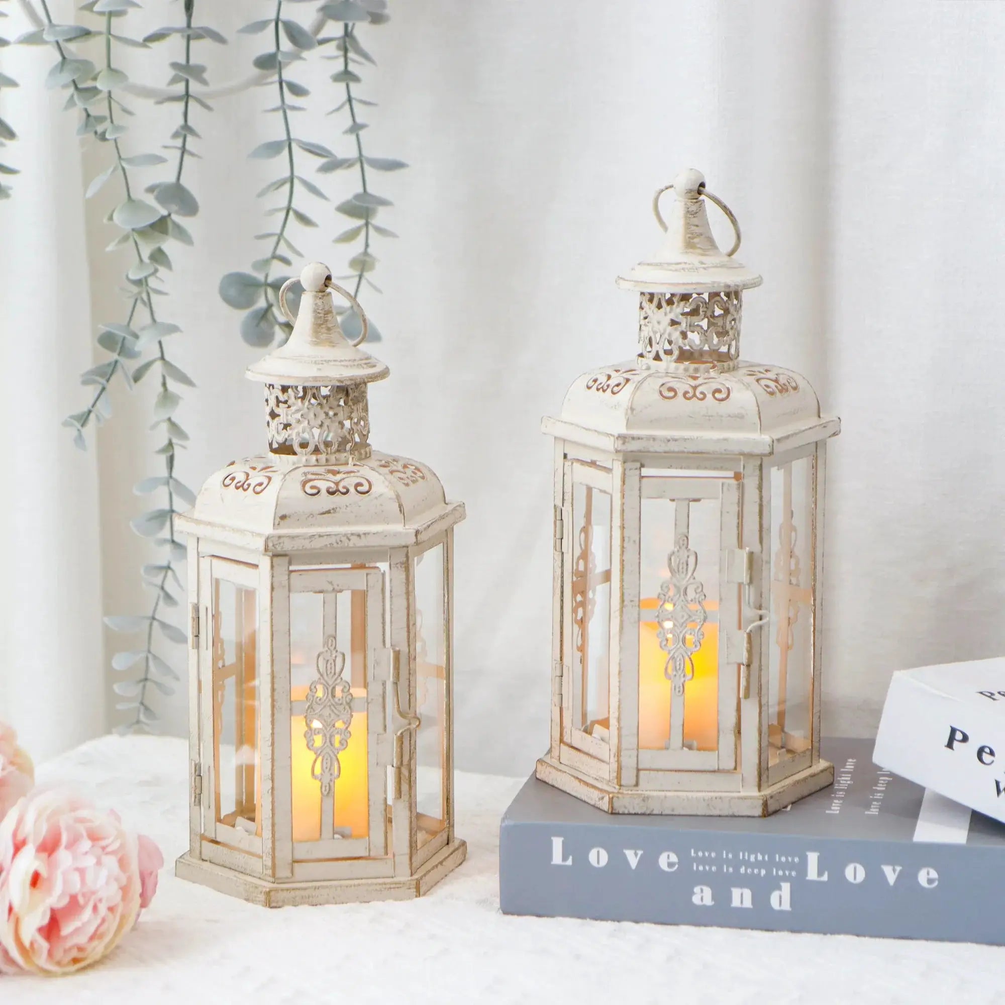 JHY DESIGN 10-inch vintage hanging lanterns set of 2, distressed white decorative candle lanterns with ornate cutwork