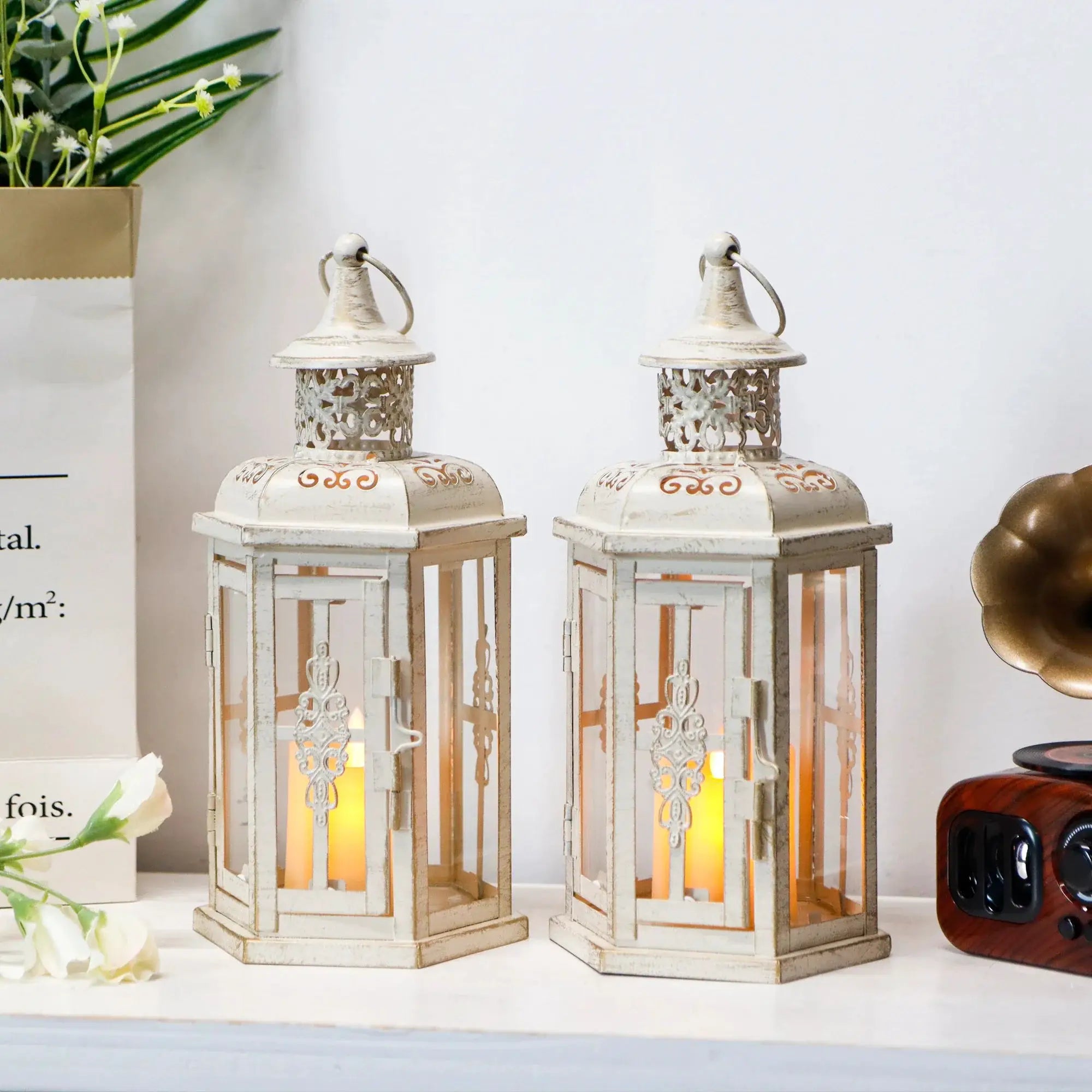 Hanging lanterns set of 2, 10-inch high vintage distressed white metal with warm candle glow