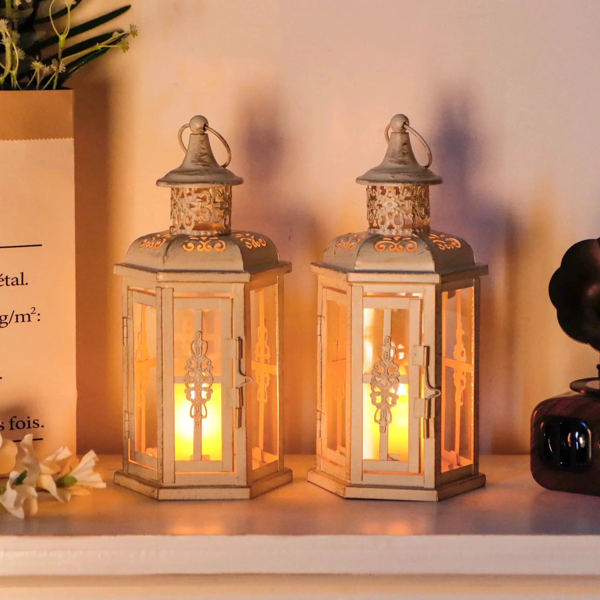 Decorative candle lanterns by JHY DESIGN, vintage-style gray metal hanging set of 2 with glass panels.