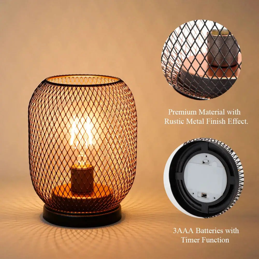 Set of 2 egg-shaped battery-operated LED table lanterns by JHY DESIGN in rustic metal mesh finish.