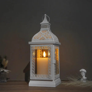 19'' High decorative hanging lantern in cream with intricate lattice panels; rustic home and garden candle lantern.