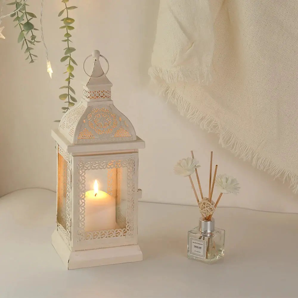 19'' cream decorative lantern by JHY DESIGN; ornate metal candle lantern with lit candle plus reed diffuser (2 items)