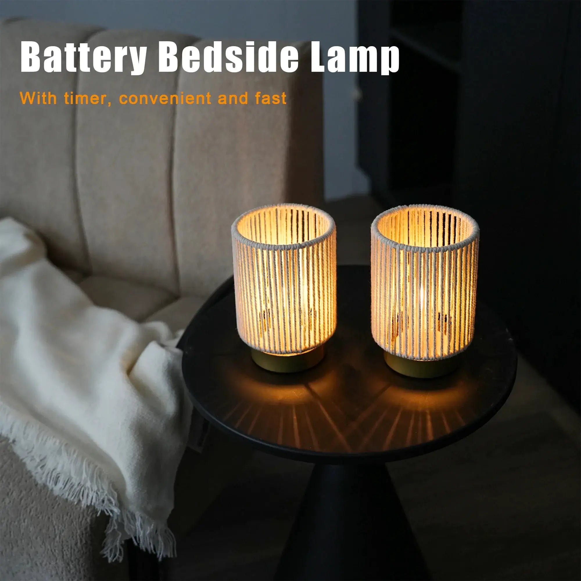 Set of 2 braided cotton rope table lamps, 6.5 inches tall, battery-operated, warm glow