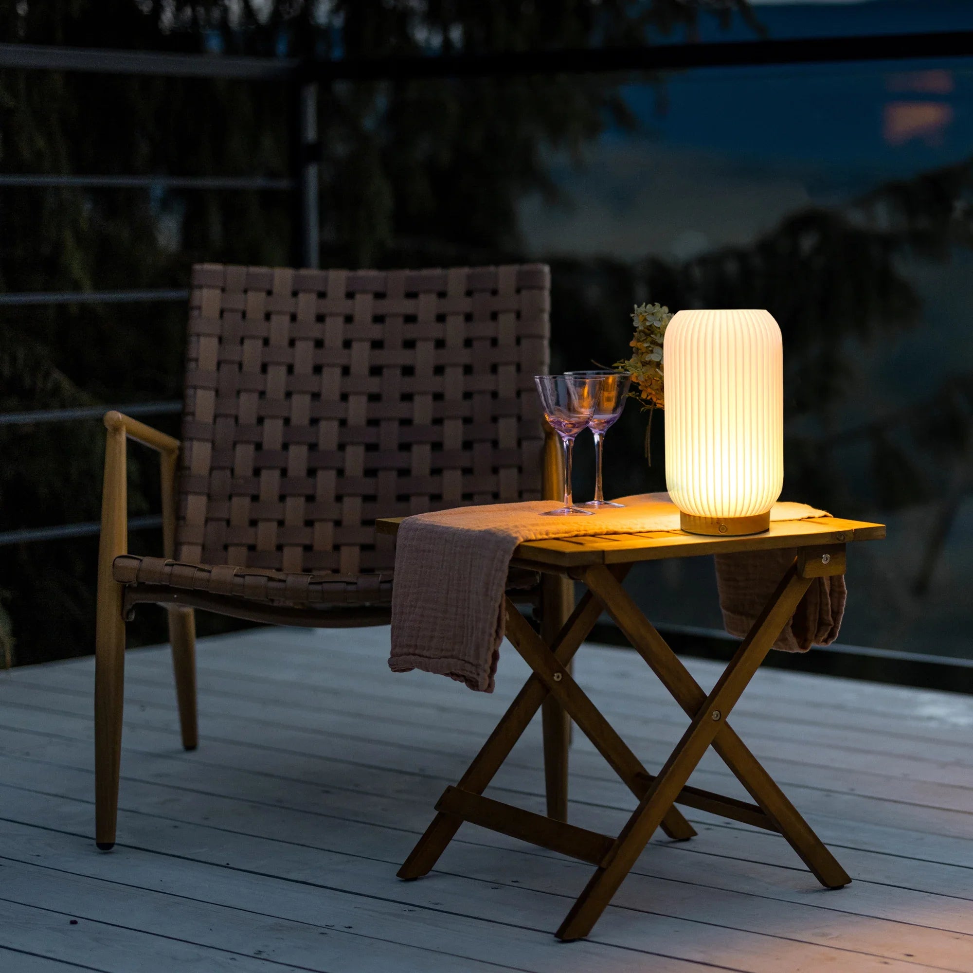 9-inch rechargeable lamp by JHY DESIGN; white ribbed cylindrical 3D-printed lamp glowing on an outdoor table.