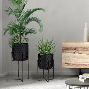 Set of 2 tall black metal flower pots with stands (12" and 18"), hammered textured finish for modern home & garden.