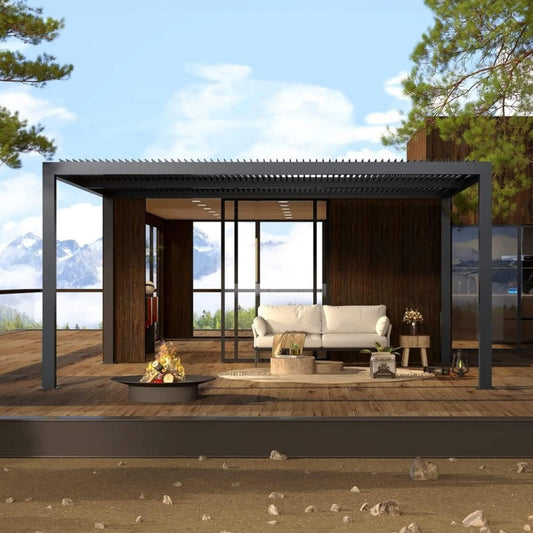 [12x16FT] Premium Outdoor Gray Aluminum Hardtop Pergola Gazebo With Adjustable Roof (SAK81364)