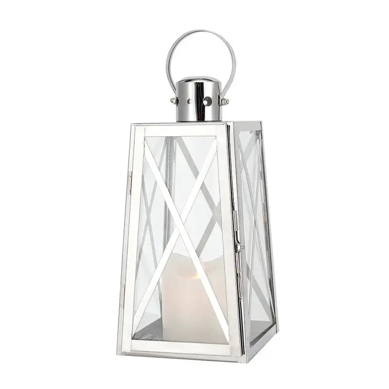 12-inch stainless steel decorative lantern (trapezoid) by JHY DESIGN with glass panels and candle inside