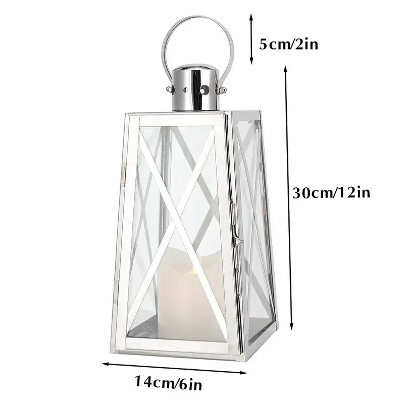 12-inch high stainless steel decorative lantern, trapezoid shape with glass panels by JHY DESIGN