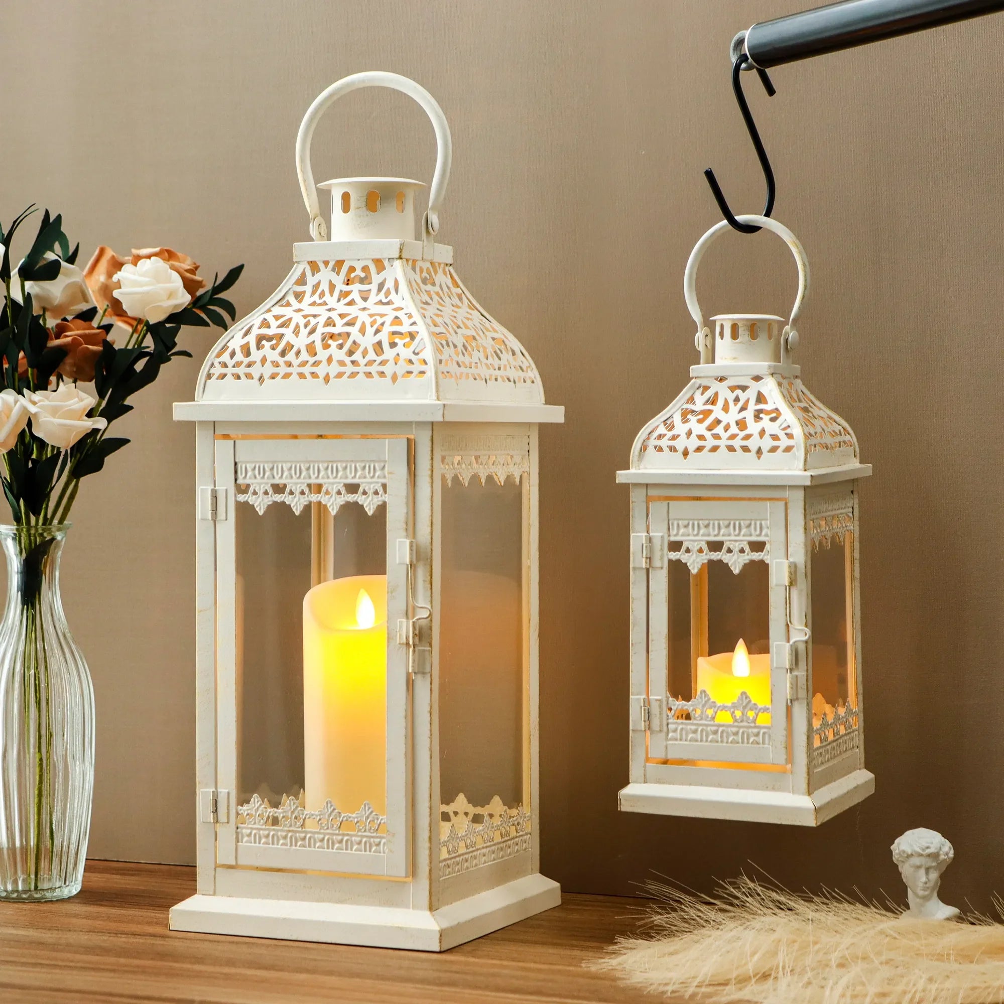 Set of 2 13''&19.5''H Candle Lanterns (Beige Gold Brush)