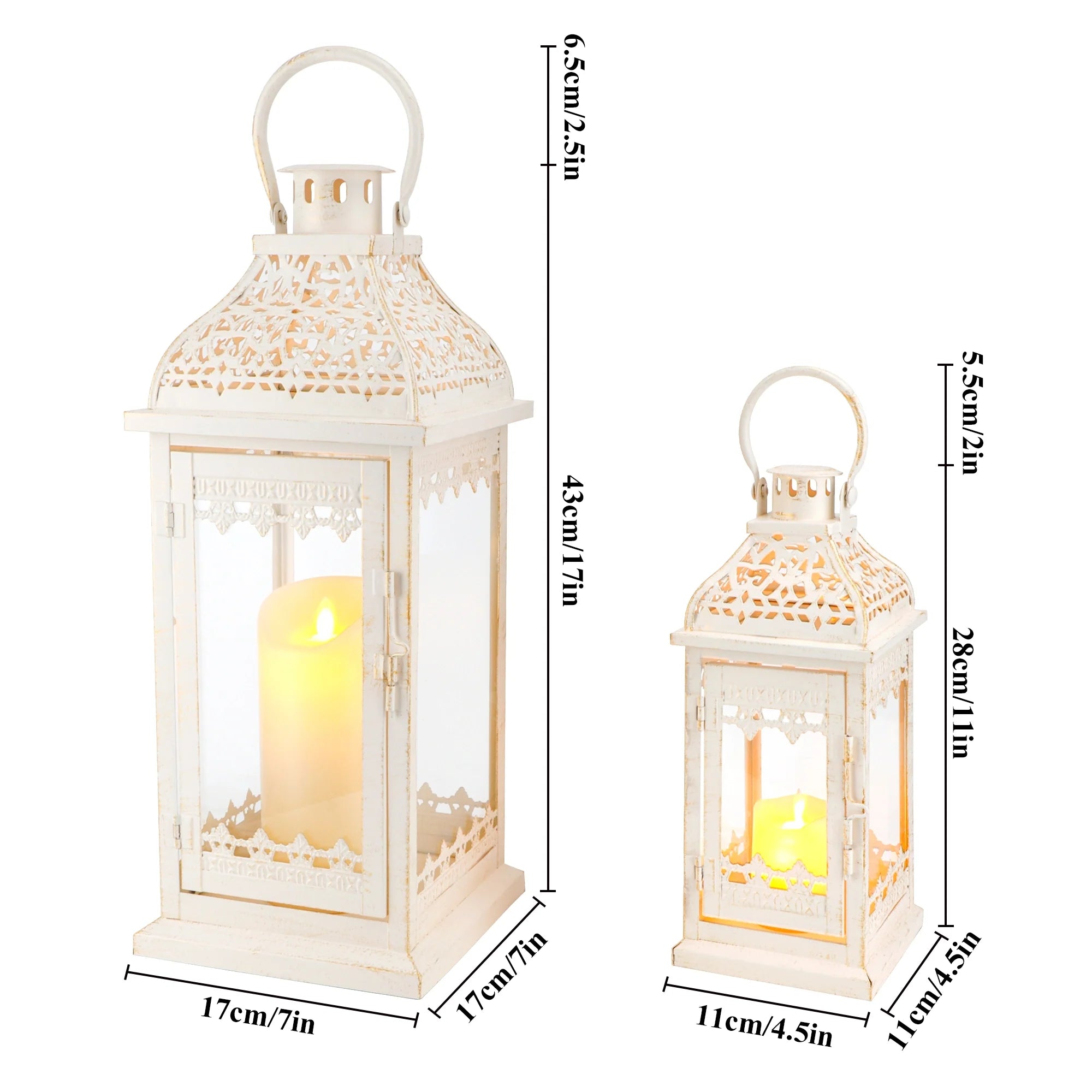 Set of 2 decorative candle lanterns by JHY DESIGN, beige gold brush finish, vintage metal, 13in and 19.5in tall