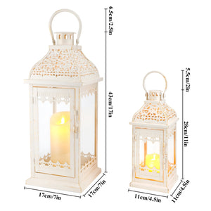 Set of 2 decorative candle lanterns by JHY DESIGN, beige gold brush finish, vintage metal, 13in and 19.5in tall