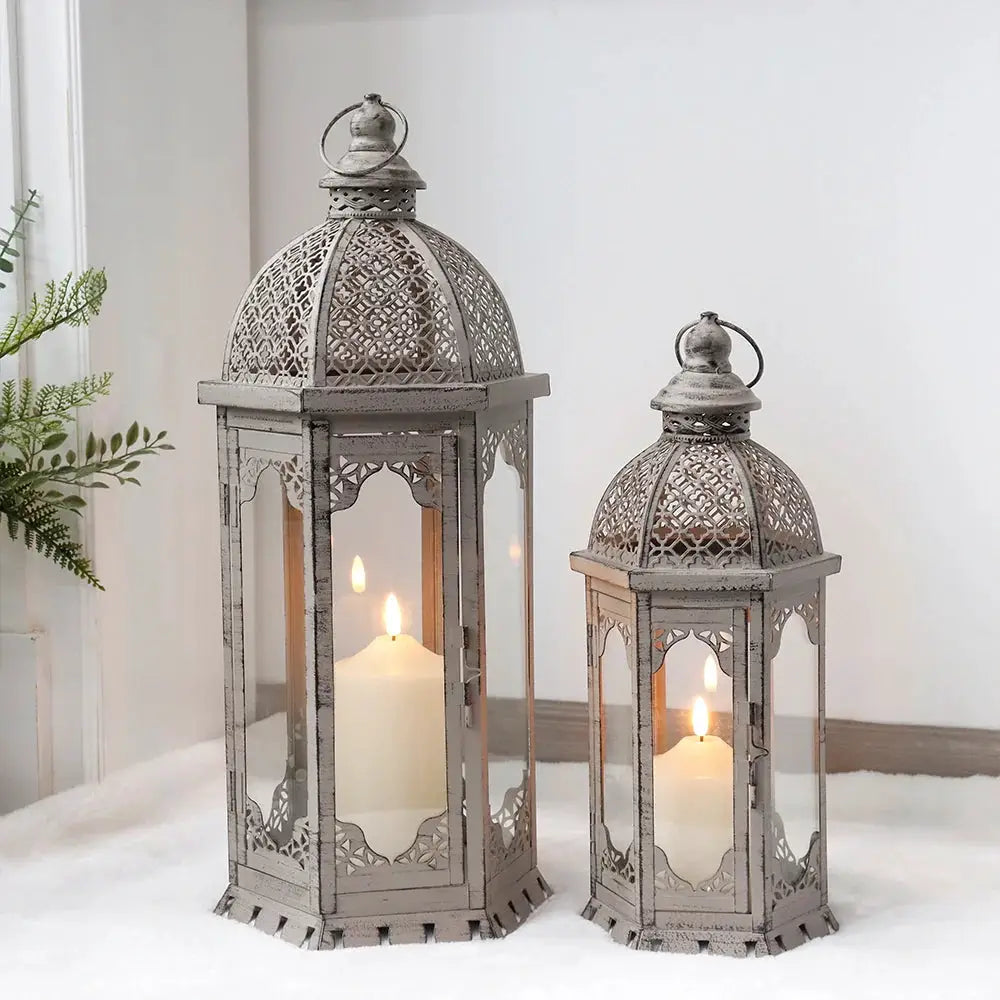 Decorative candle lanterns, set of 2 vintage metal lanterns in grey with black brush finish, 22in and 17in tall.