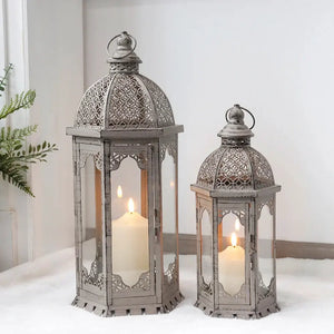Decorative candle lanterns, set of 2 vintage metal lanterns in grey with black brush finish, 22in and 17in tall.