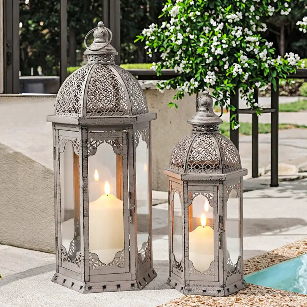 Set of 2 decorative vintage metal candle lanterns, grey with black brush finish