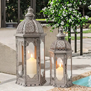 Set of 2 decorative vintage metal candle lanterns, grey with black brush finish