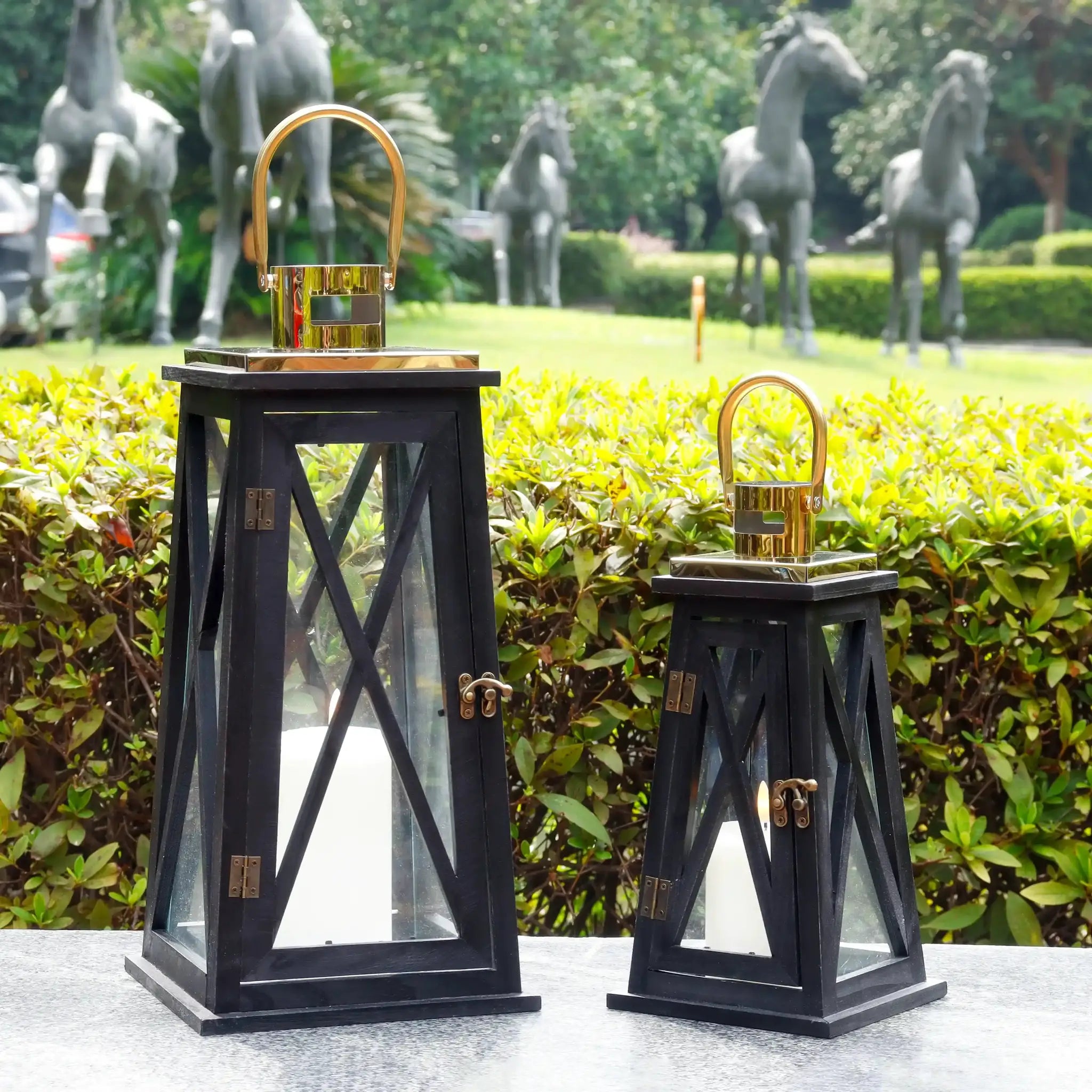 Set of 2 farmhouse wooden lanterns, black finish with glass panels and gold hardware (12in & 18in)