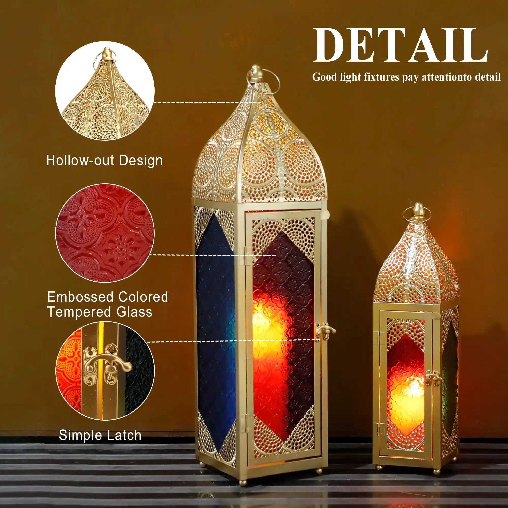 Set of 2 JHY DESIGN Moroccan candle lanterns with gold-tone hollow-out metalwork and colored tempered glass