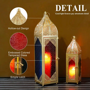 Set of 2 JHY DESIGN Moroccan candle lanterns with gold-tone hollow-out metalwork and colored tempered glass