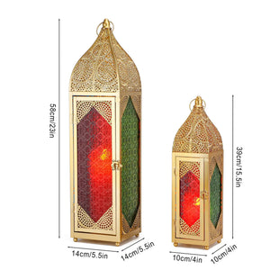 Set of 2 Moroccan gold candle lanterns with intricate lattice and red/green glass panels