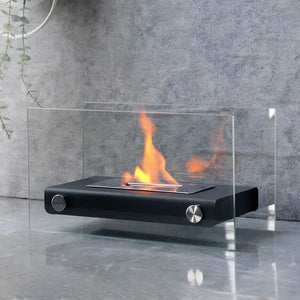 14-inch L portable tabletop fireplace with black body and clear glass surround
