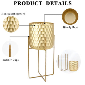 Set of 2 flowerpots: gold honeycomb embossed pots on a metal stand with rubber caps (12-inch and 18-inch high)