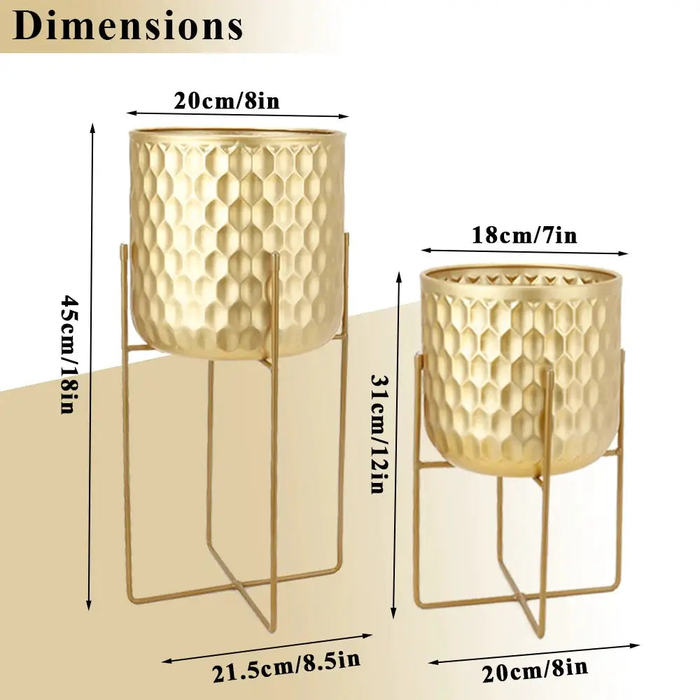 Set of 2 golden honeycomb embossed flowerpots on metal stands, 12in and 18in heights