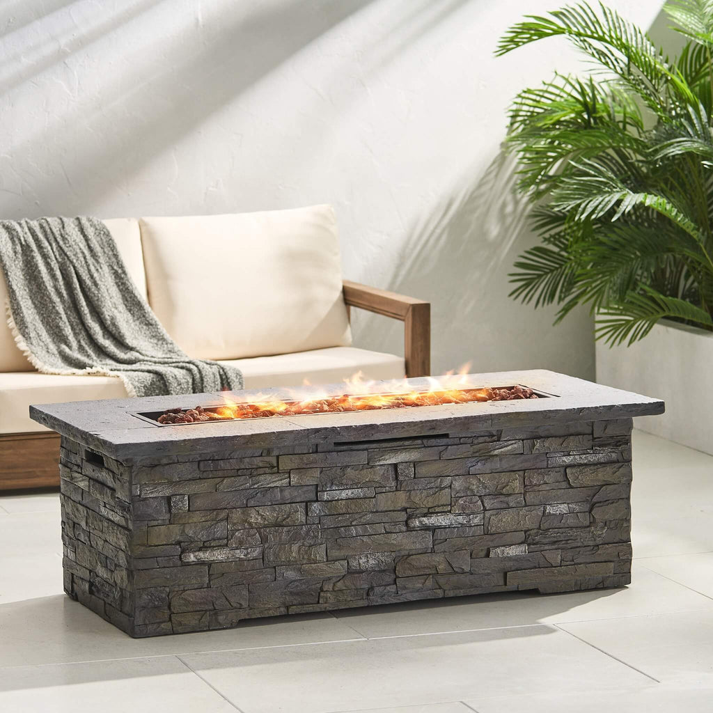 Premium 56" Outdoor Rectangular Concrete Propane Fire Pit W/ Faux Stone Pattern, 50K BTU (SAK31845)