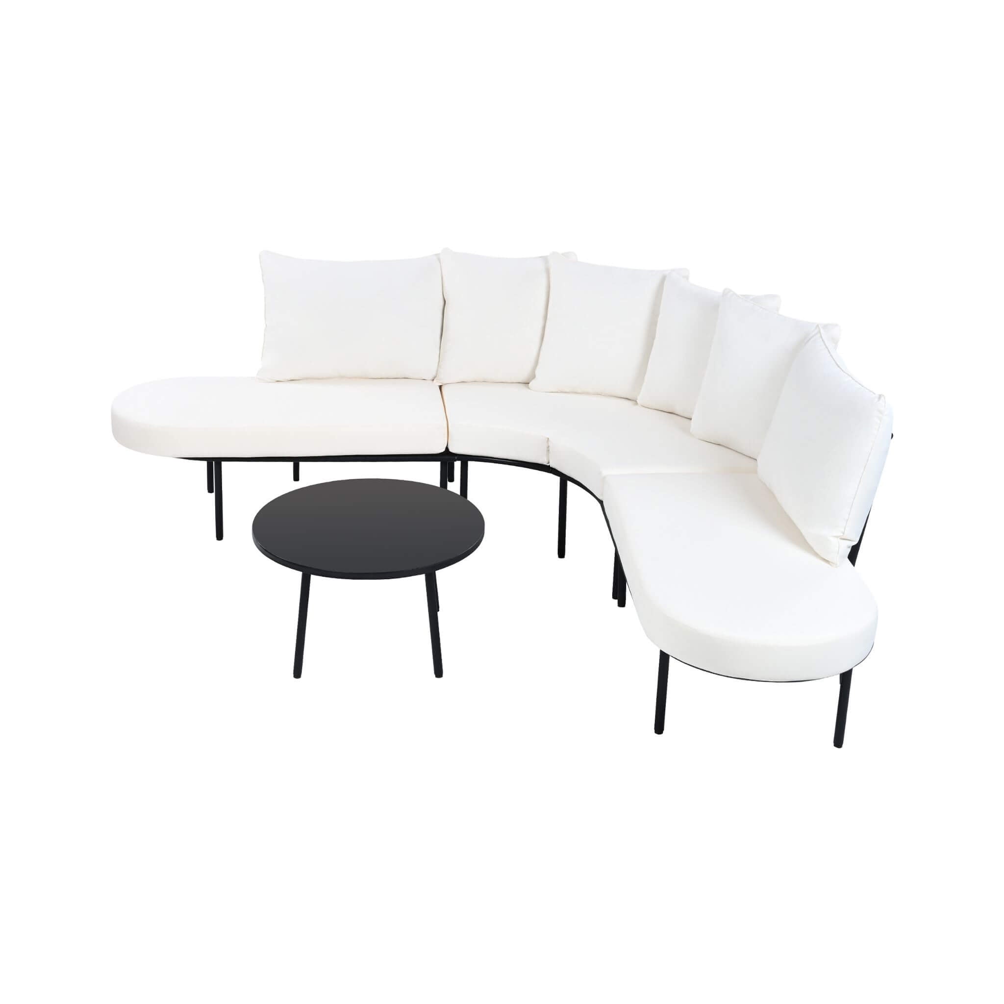 Premium Half- Moon 6-Person Curved All-Weather Outdoor Furniture Sofa Patio Set With Coffee Table And Cushions (SAK76332)