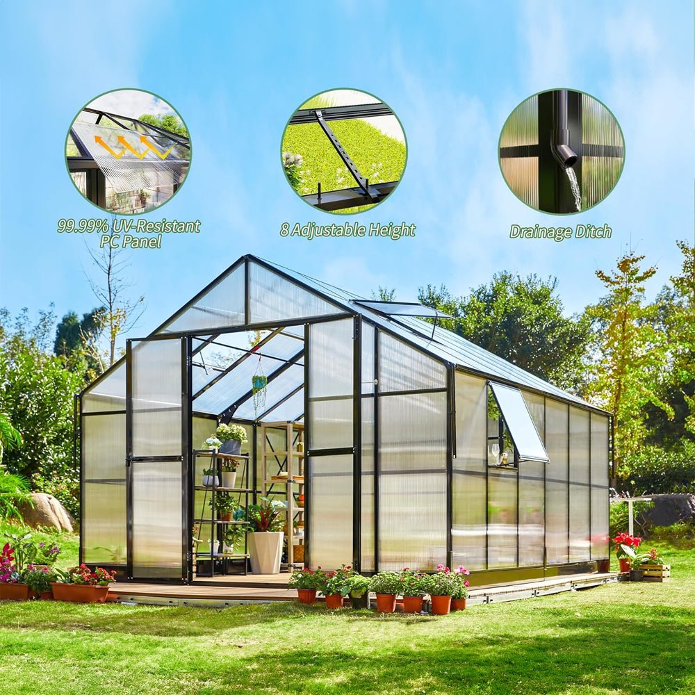 [12x13.5FT] Premium Large Outdoor Double Door Aluminum Polycarbonate Greenhouse With Quick Connect Fitting (96243175)