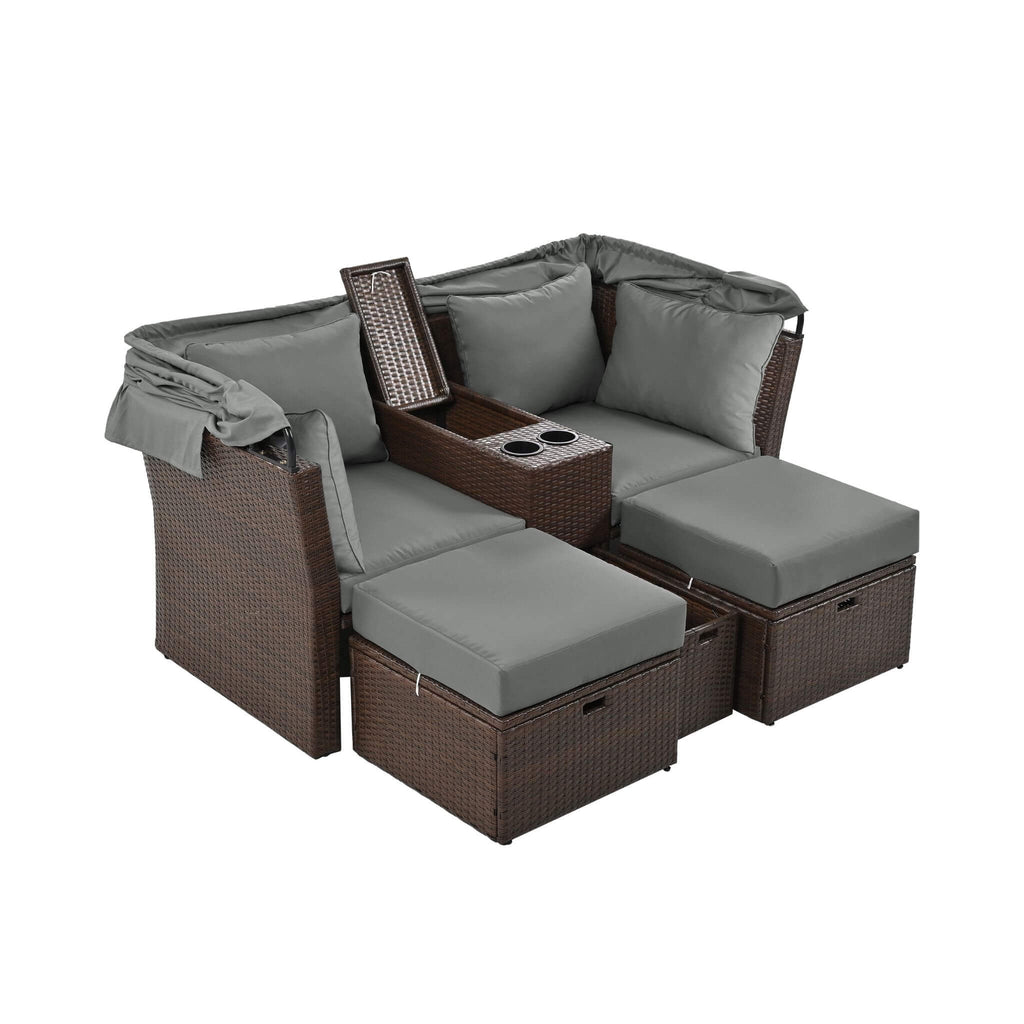 Premium Outdoor 2-Seater Patio Daybed With Foldable Awning, Cushions, And Rattan Frame (SAK90233)