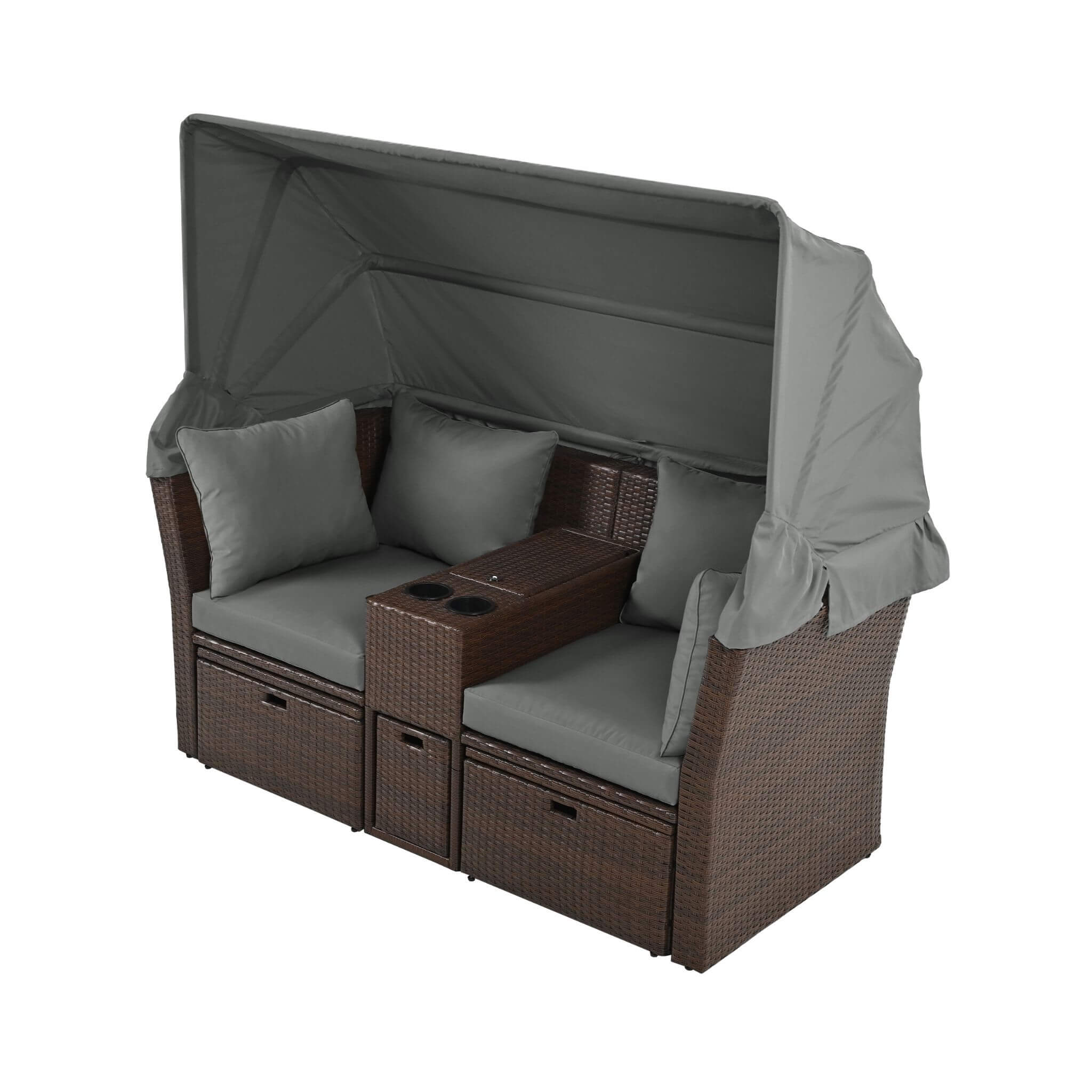 Premium Outdoor 2-Seater Patio Daybed With Foldable Awning, Cushions, And Rattan Frame (SAK90233)