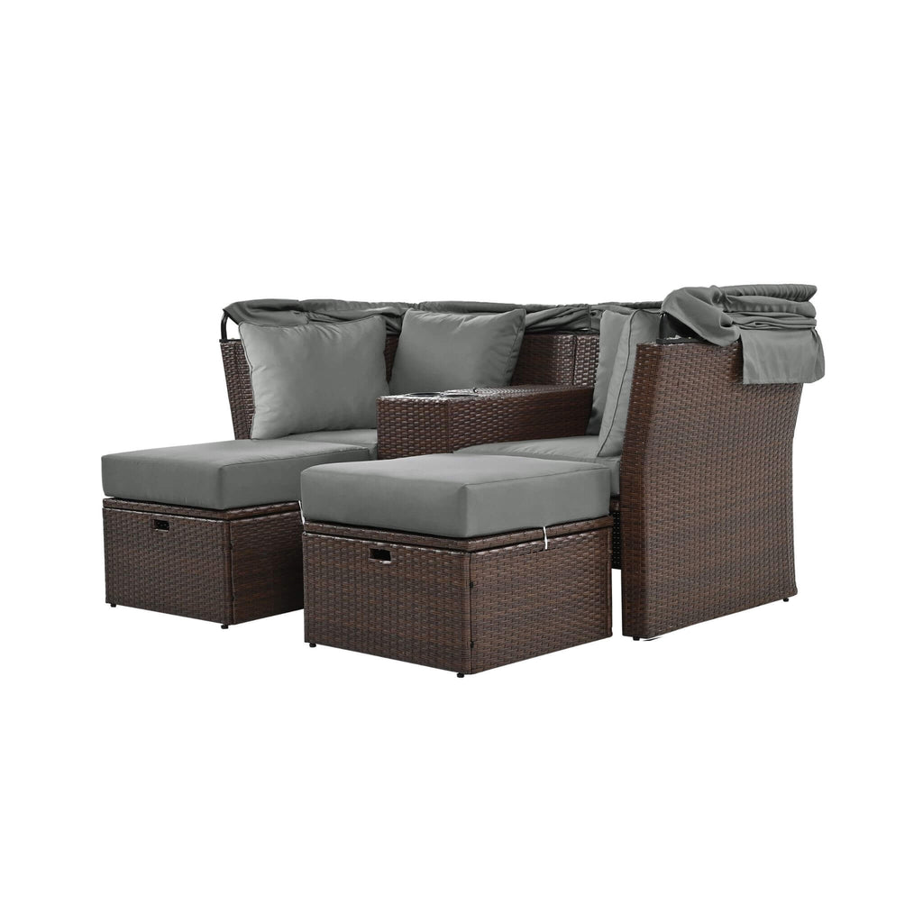 Premium Outdoor 2-Seater Patio Daybed With Foldable Awning, Cushions, And Rattan Frame (SAK90233)