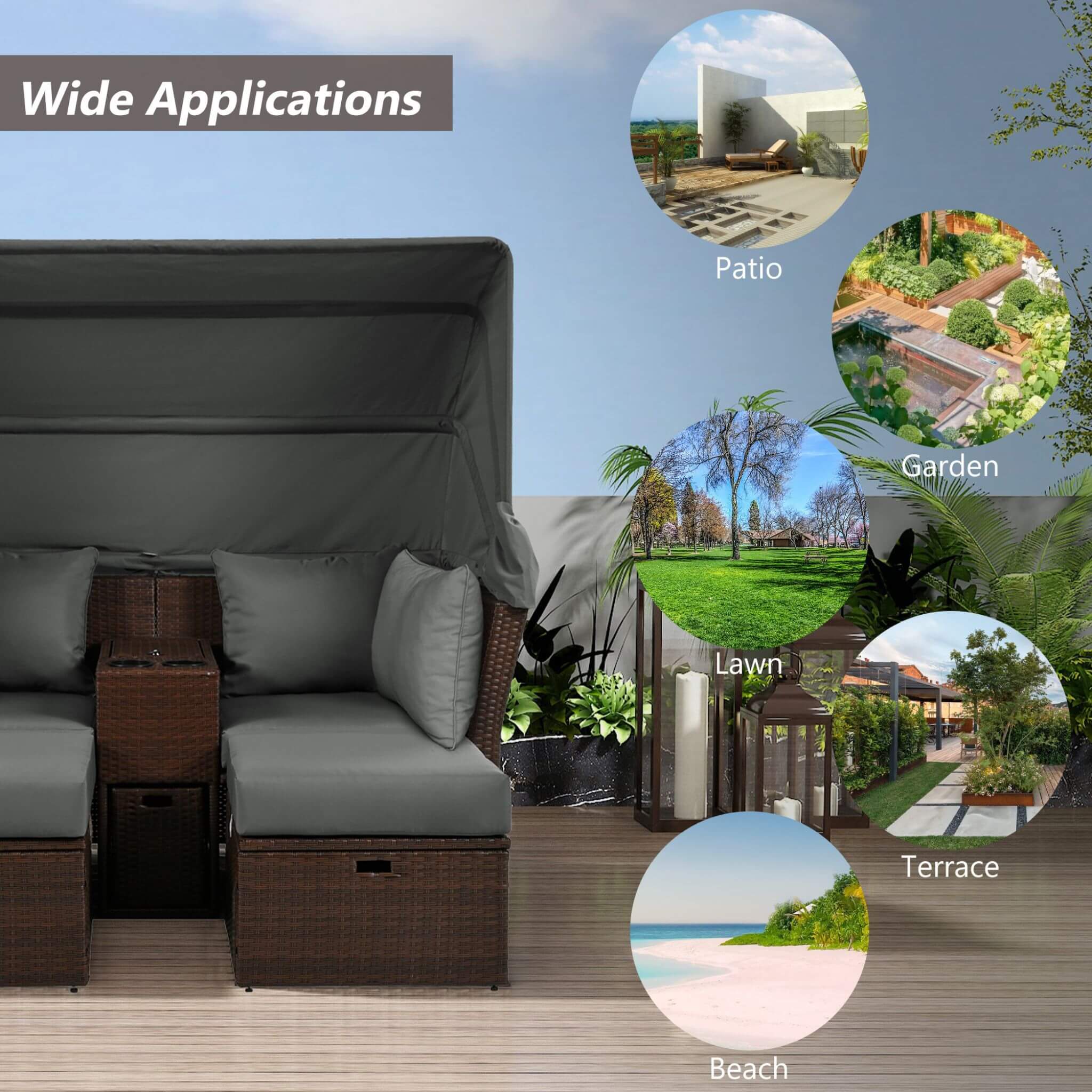 Premium Outdoor 2-Seater Patio Daybed With Foldable Awning, Cushions, And Rattan Frame (SAK90233)
