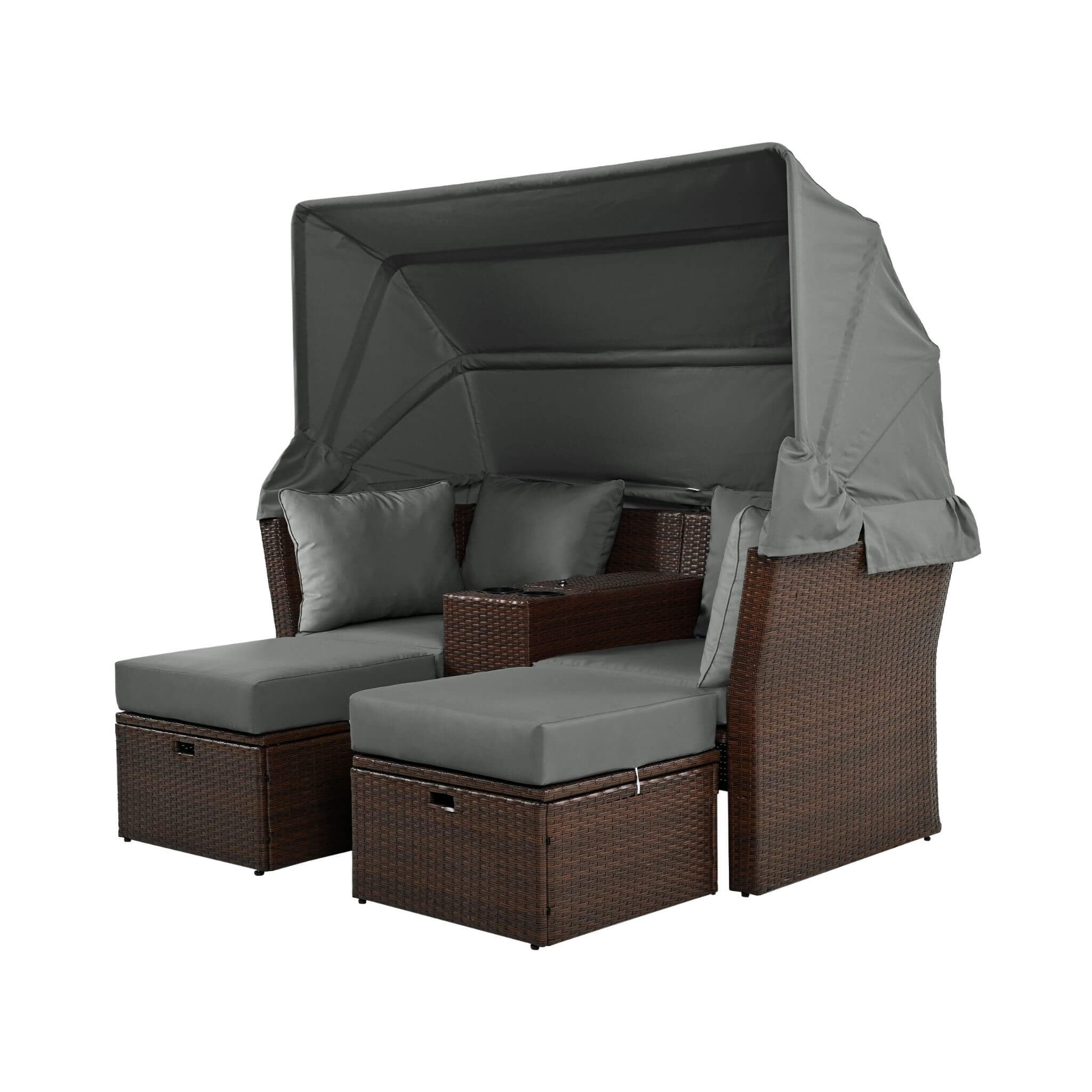 Premium Outdoor 2-Seater Patio Daybed With Foldable Awning, Cushions, And Rattan Frame (SAK90233)