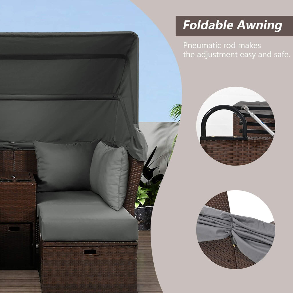 Premium Outdoor 2-Seater Patio Daybed With Foldable Awning, Cushions, And Rattan Frame (SAK90233)
