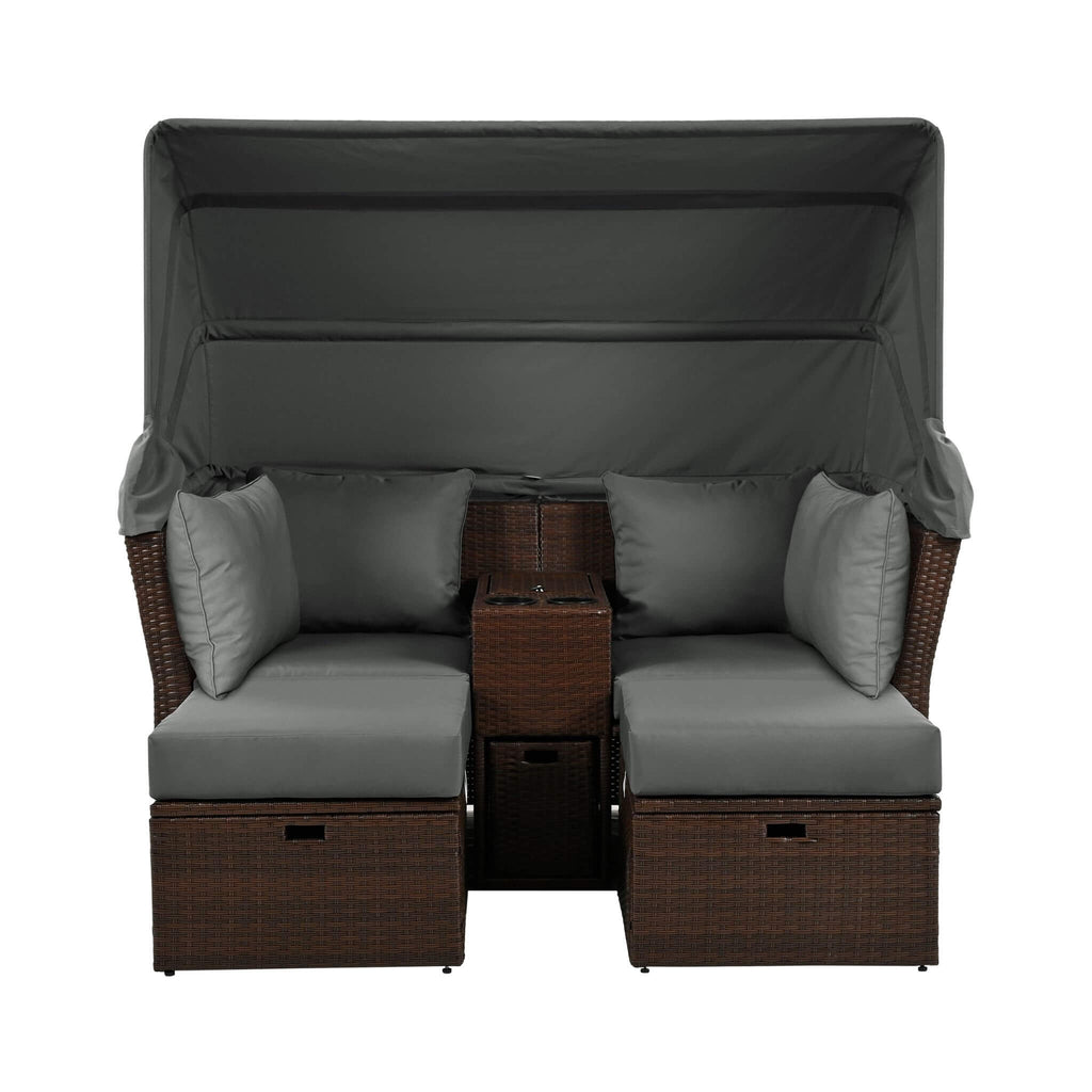 Premium Outdoor 2-Seater Patio Daybed With Foldable Awning, Cushions, And Rattan Frame (SAK90233)