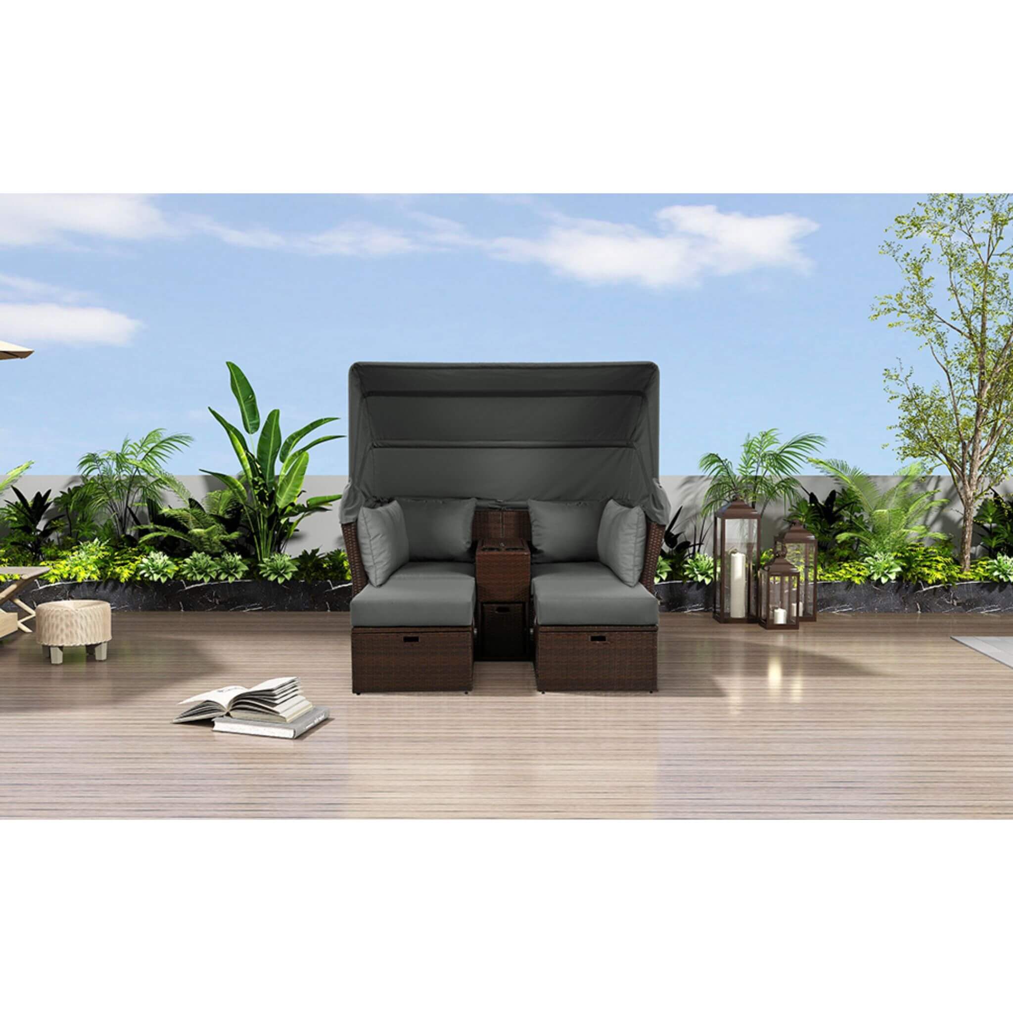 Premium Outdoor 2-Seater Patio Daybed With Foldable Awning, Cushions, And Rattan Frame (SAK90233)