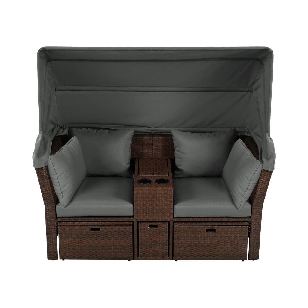 Premium Outdoor 2-Seater Patio Daybed With Foldable Awning, Cushions, And Rattan Frame (SAK90233)