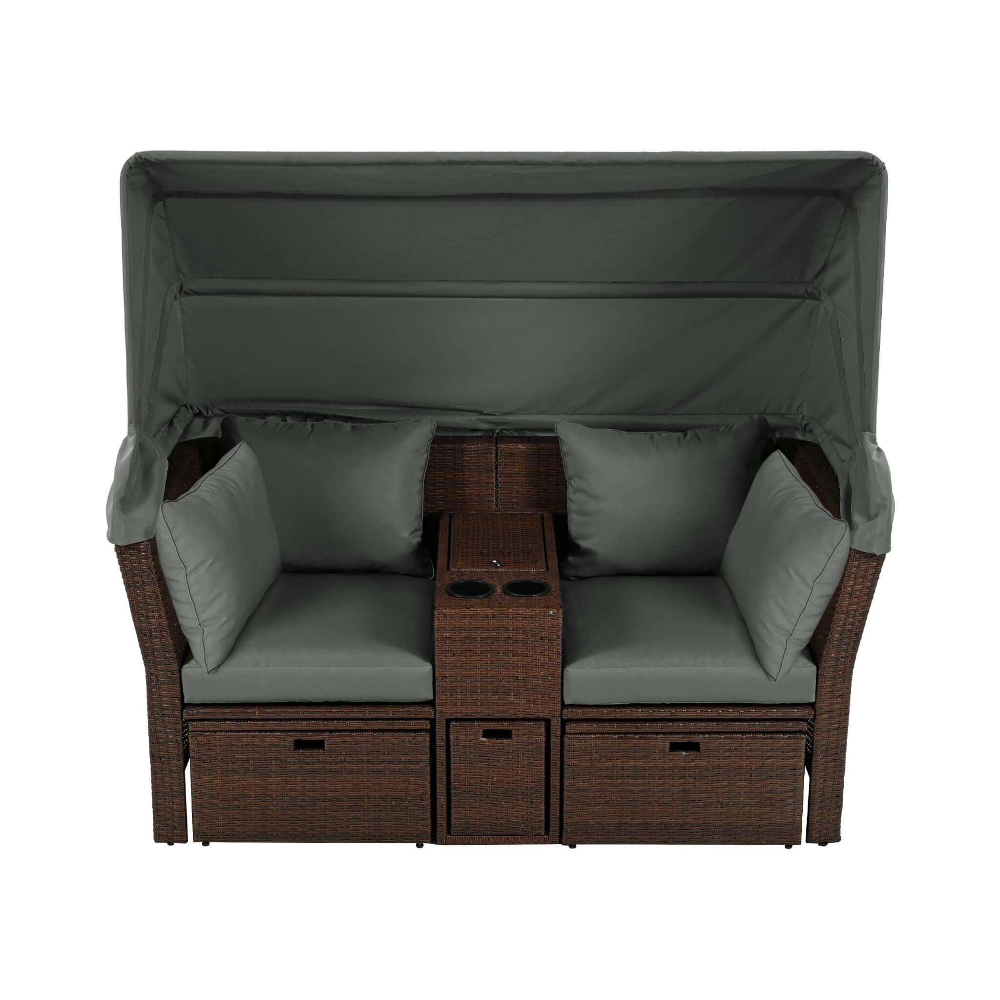 Premium Outdoor 2-Seater Patio Daybed With Foldable Awning, Cushions, And Rattan Frame (SAK90233)