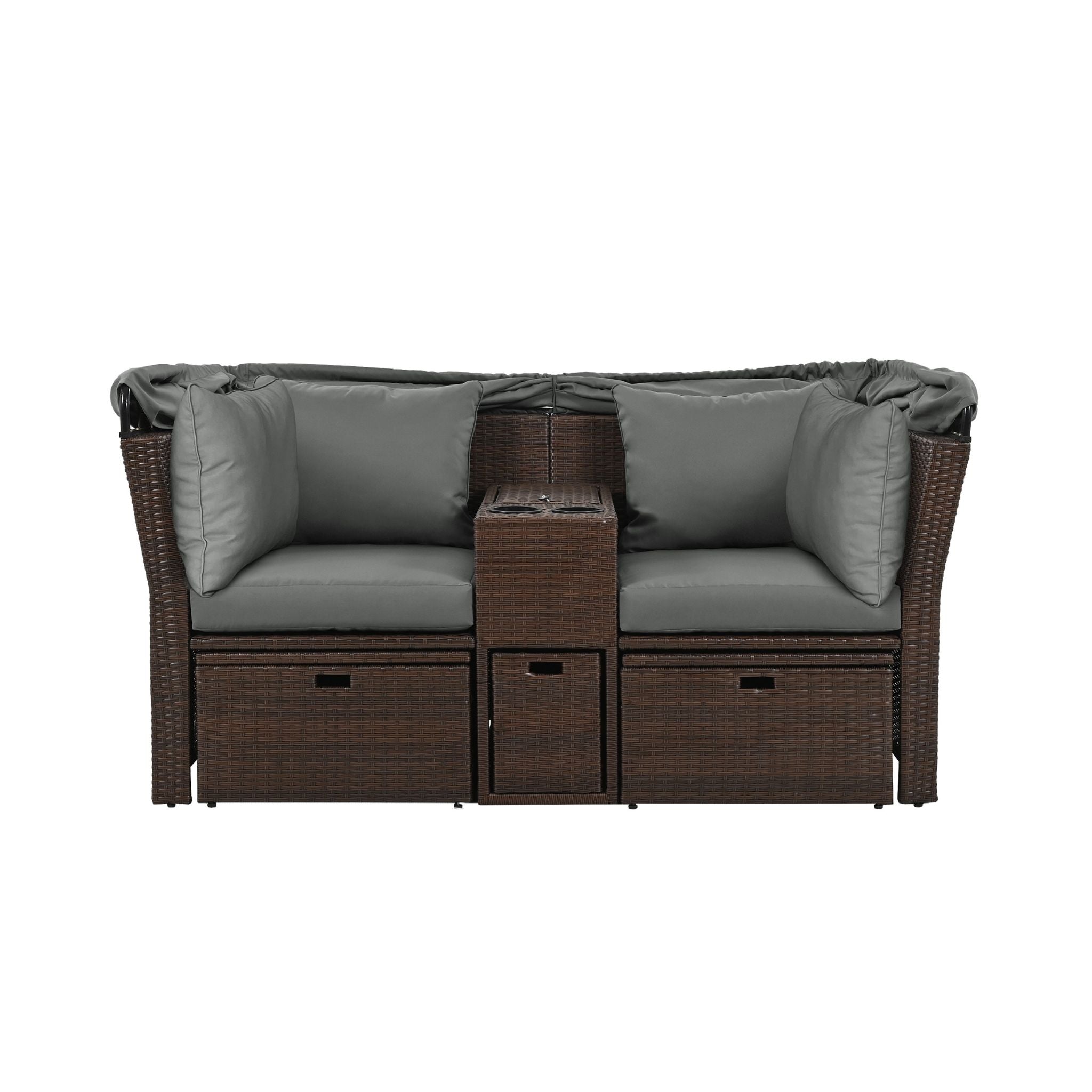 Premium Outdoor 2-Seater Patio Daybed With Foldable Awning, Cushions, And Rattan Frame (SAK90233)