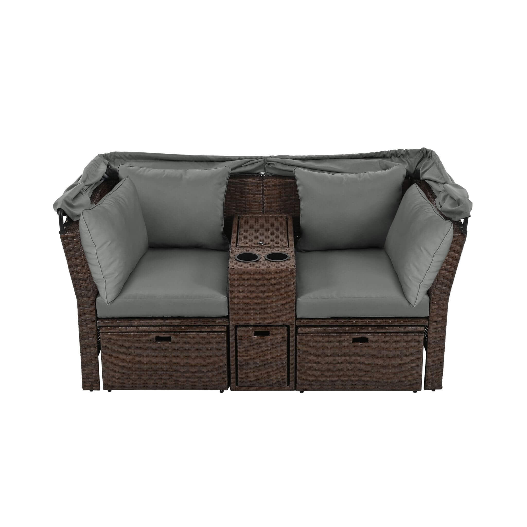 Premium Outdoor 2-Seater Patio Daybed With Foldable Awning, Cushions, And Rattan Frame (SAK90233)