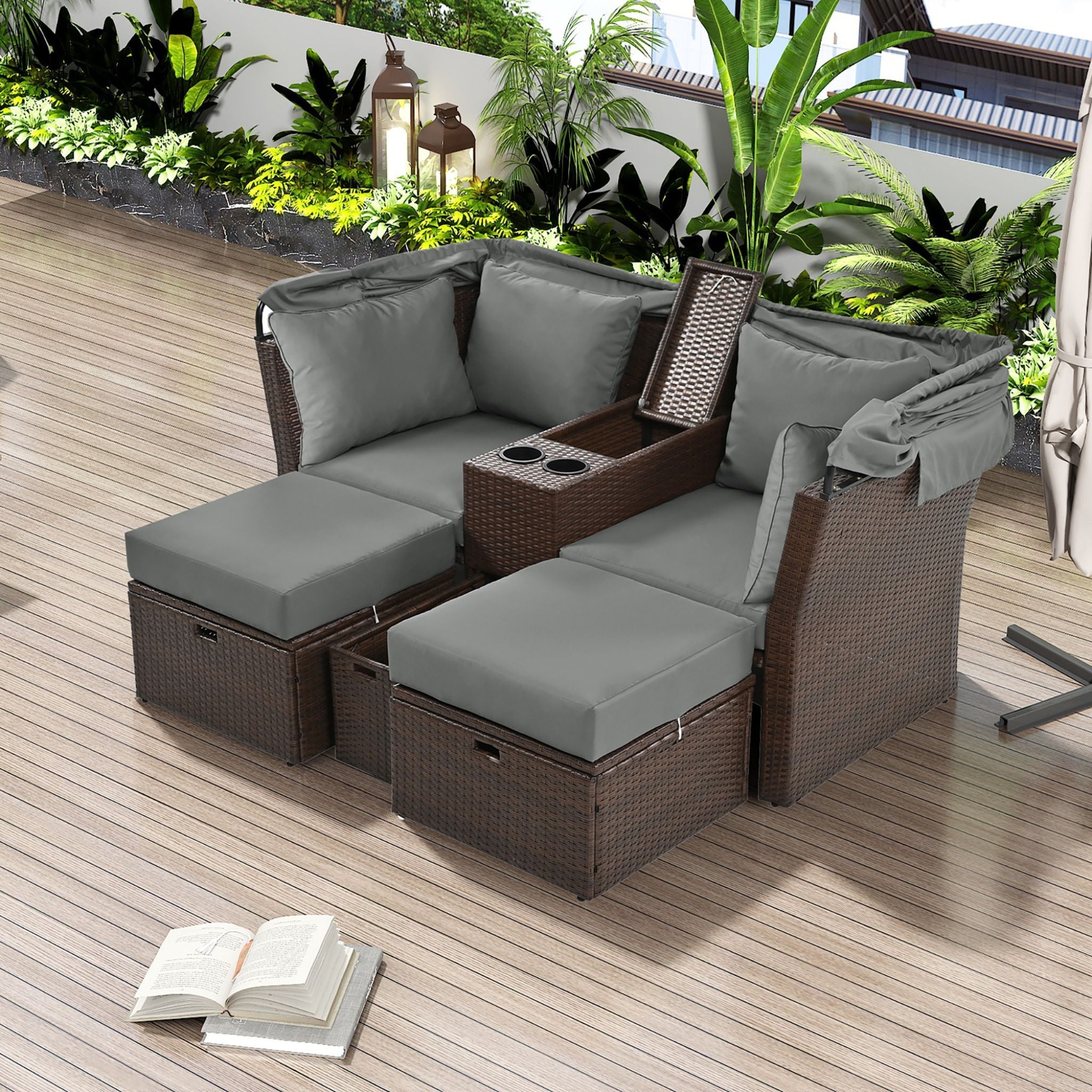 Premium Outdoor 2-Seater Patio Daybed With Foldable Awning, Cushions, And Rattan Frame (SAK90233)