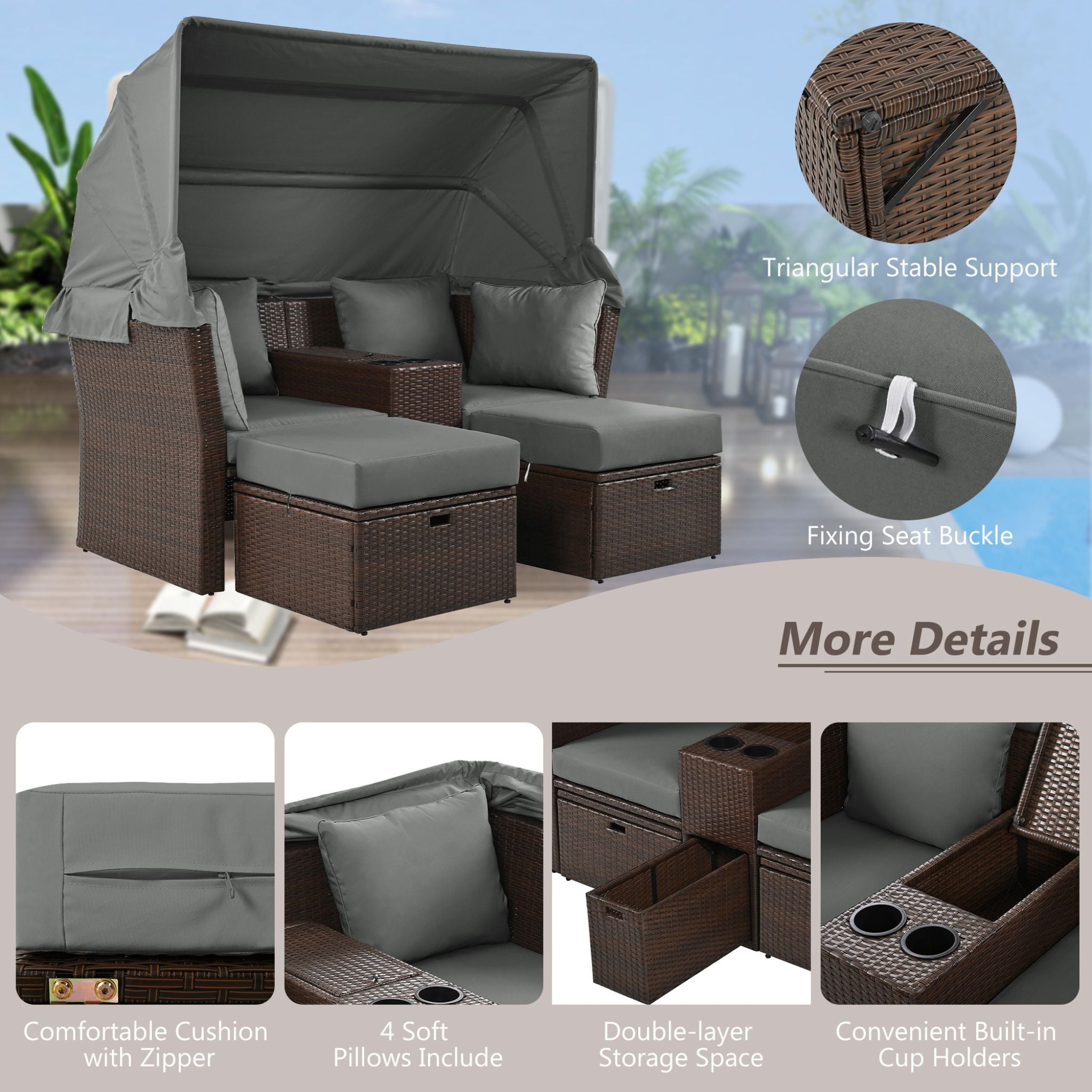 Premium Outdoor 2-Seater Patio Daybed With Foldable Awning, Cushions, And Rattan Frame (SAK90233)