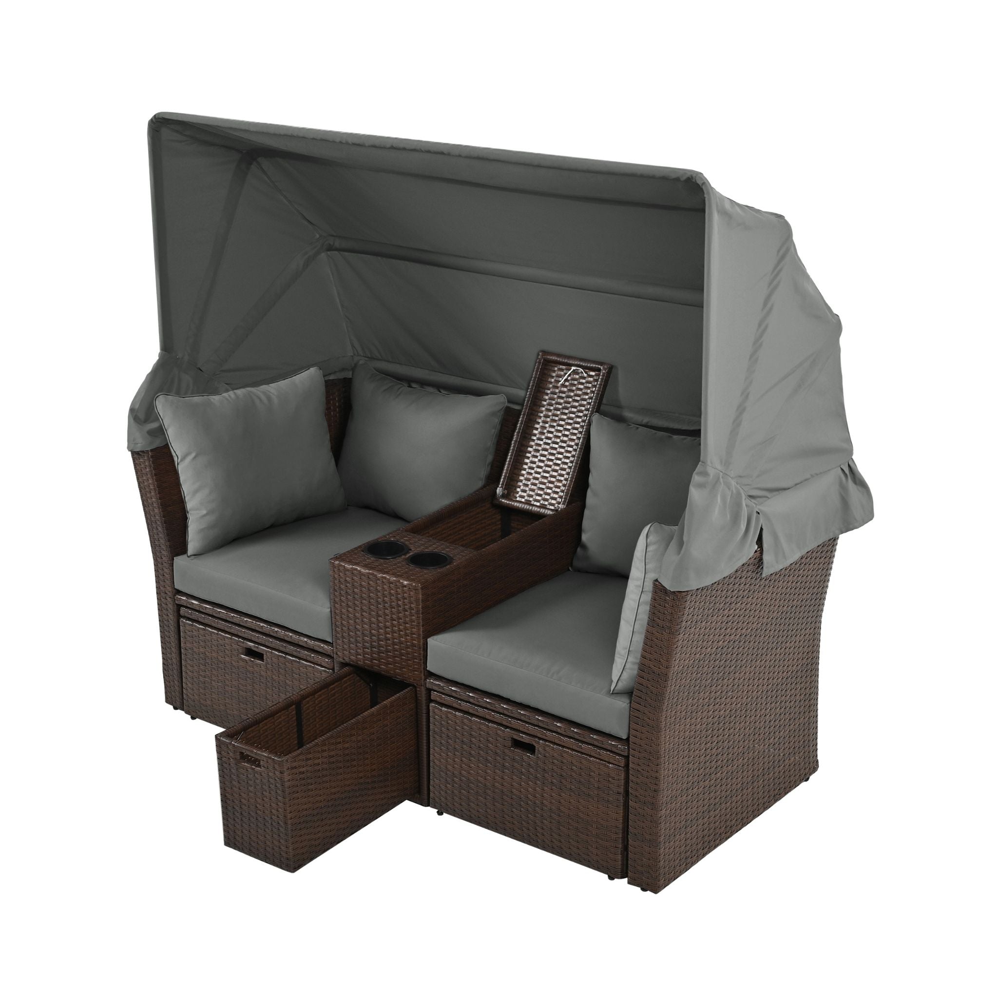 Premium Outdoor 2-Seater Patio Daybed With Foldable Awning, Cushions, And Rattan Frame (SAK90233)