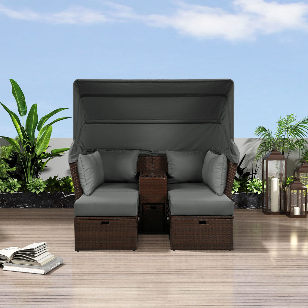 Premium Outdoor 2-Seater Patio Daybed With Foldable Awning, Cushions, And Rattan Frame (SAK90233)