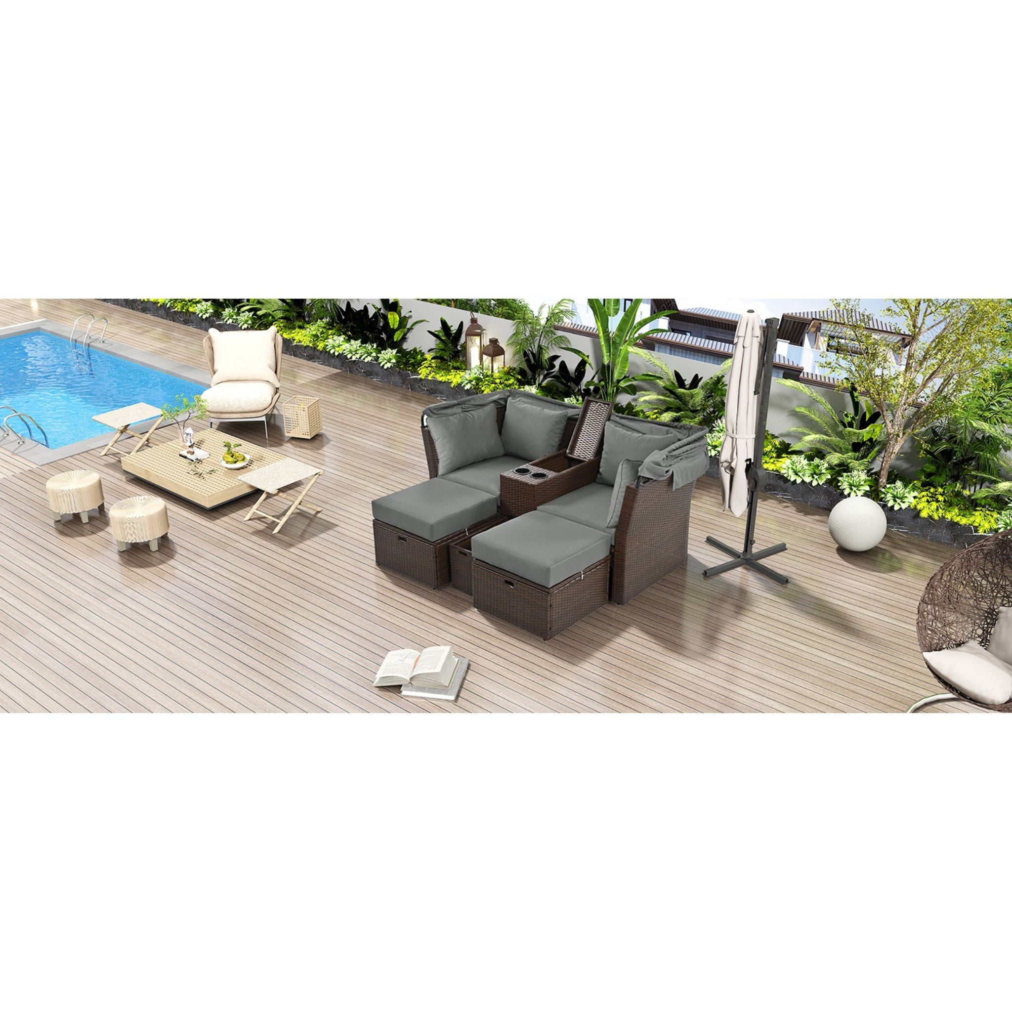Premium Outdoor 2-Seater Patio Daybed With Foldable Awning, Cushions, And Rattan Frame (SAK90233)