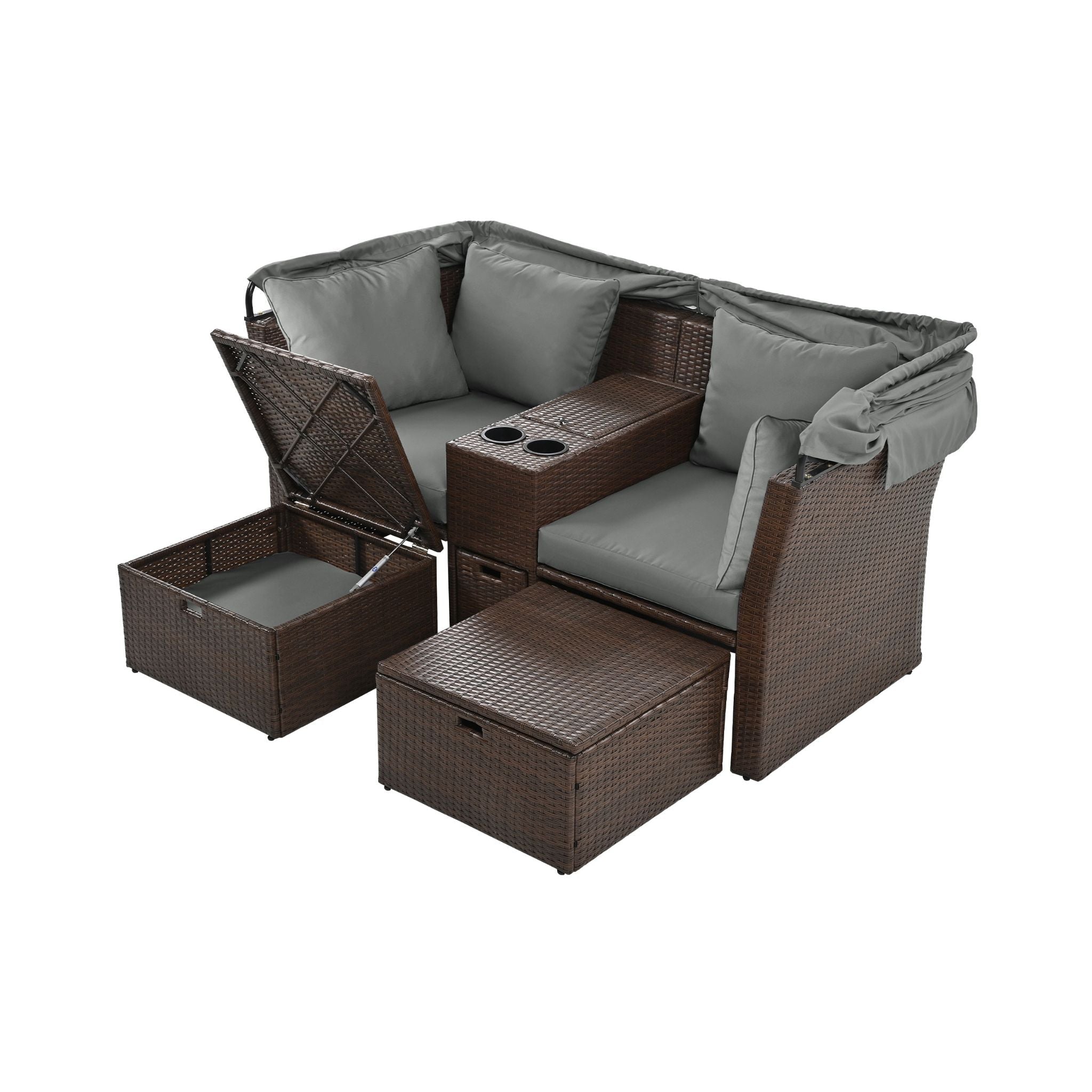 Premium Outdoor 2-Seater Patio Daybed With Foldable Awning, Cushions, And Rattan Frame (SAK90233)